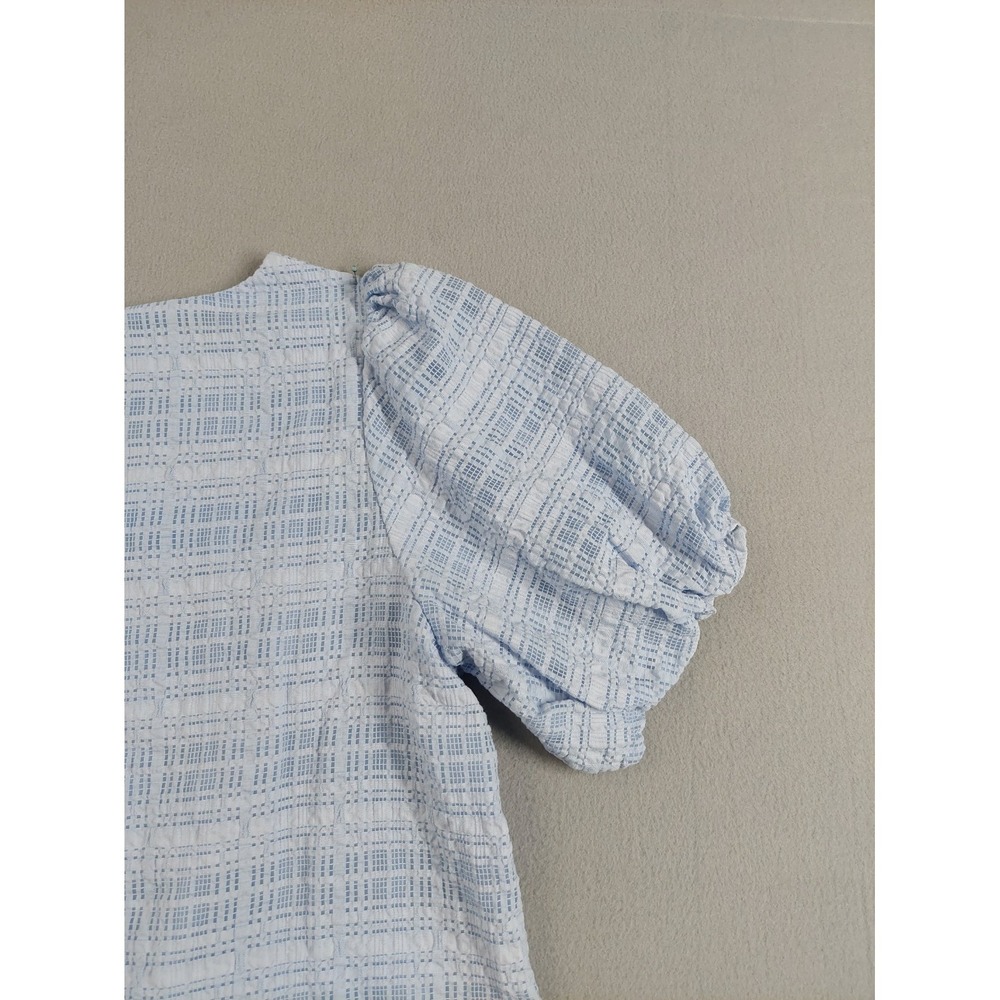 Forever New Women Tops 16 Light Blue Crew Neck Puffed Sleeve Back Button Casual - Picture 12 of 16